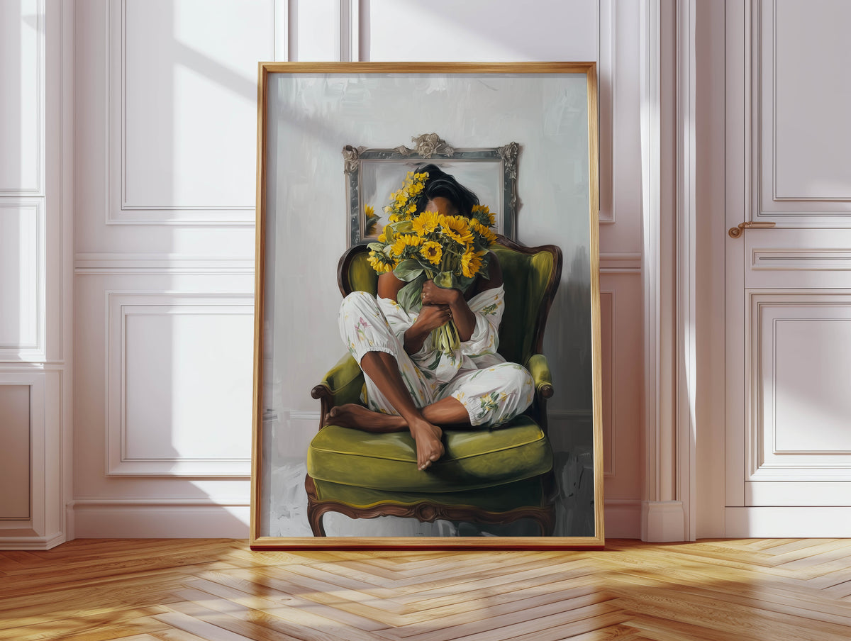 Sunflower Chair - Black Woman Art Print