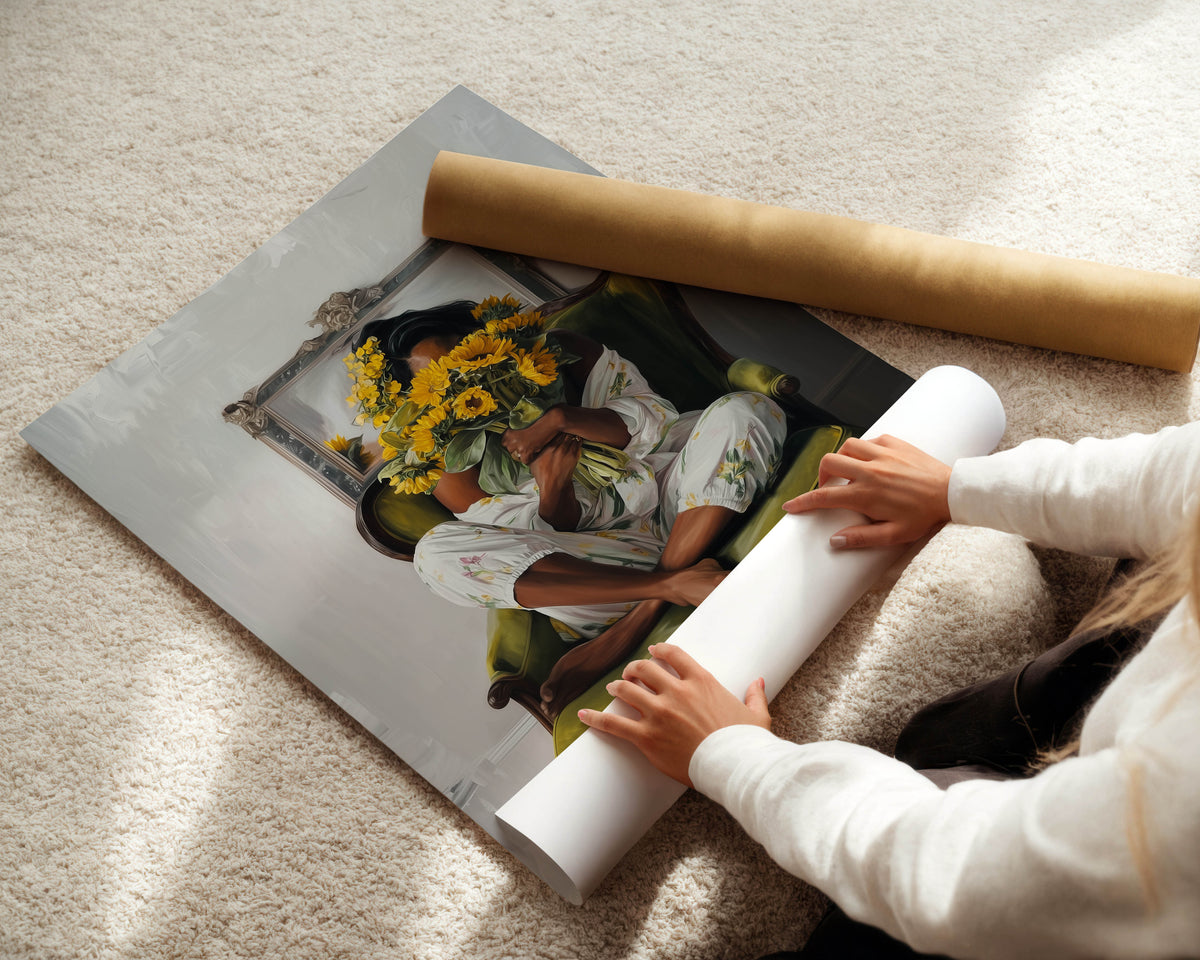Sunflower Chair - Black Woman Art Print