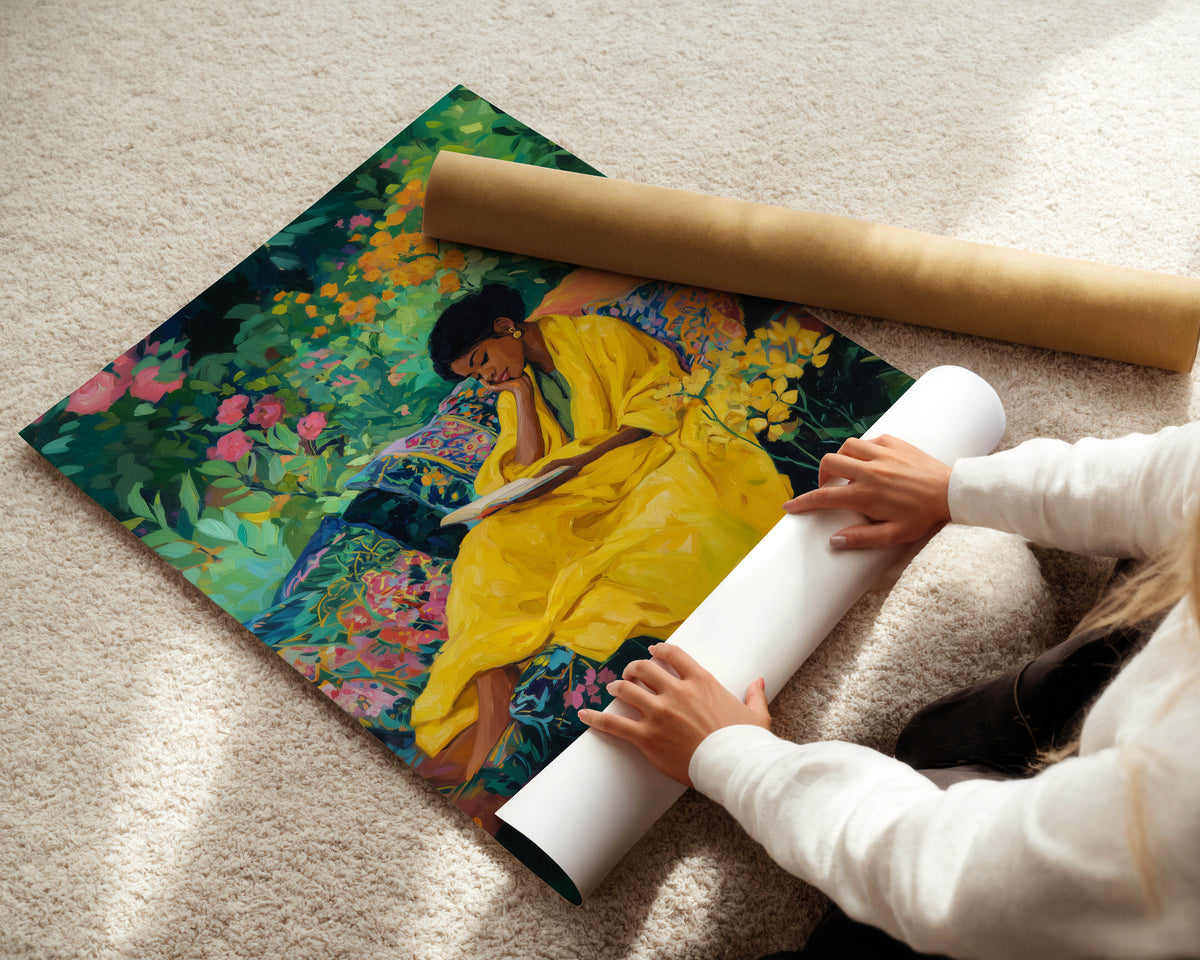Yellow Garden Read - Black Woman Art Print