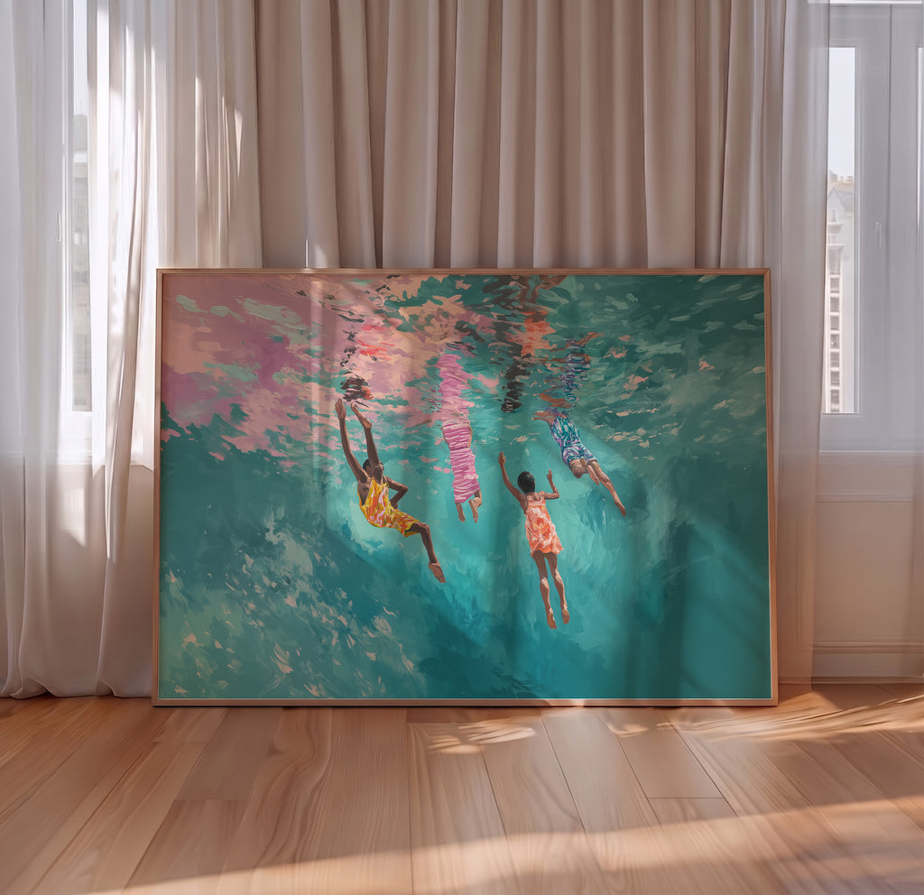 Sunlit Dive - Black Kids Ocean Art Print