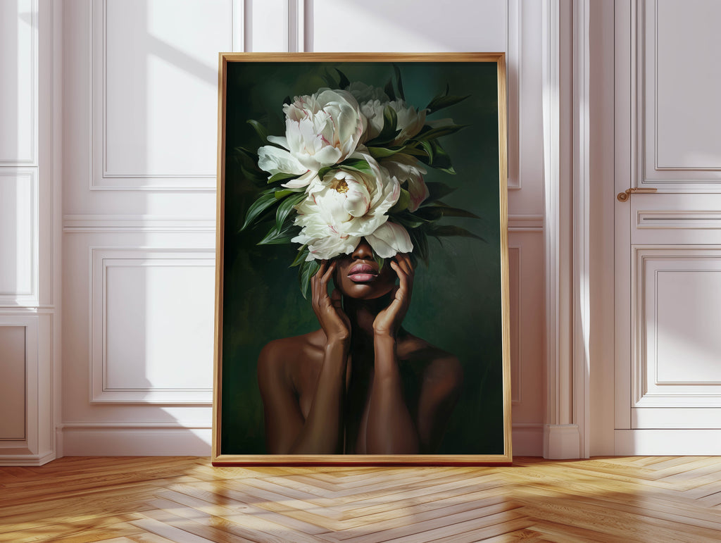 Peony Crown - Black Woman Art Print