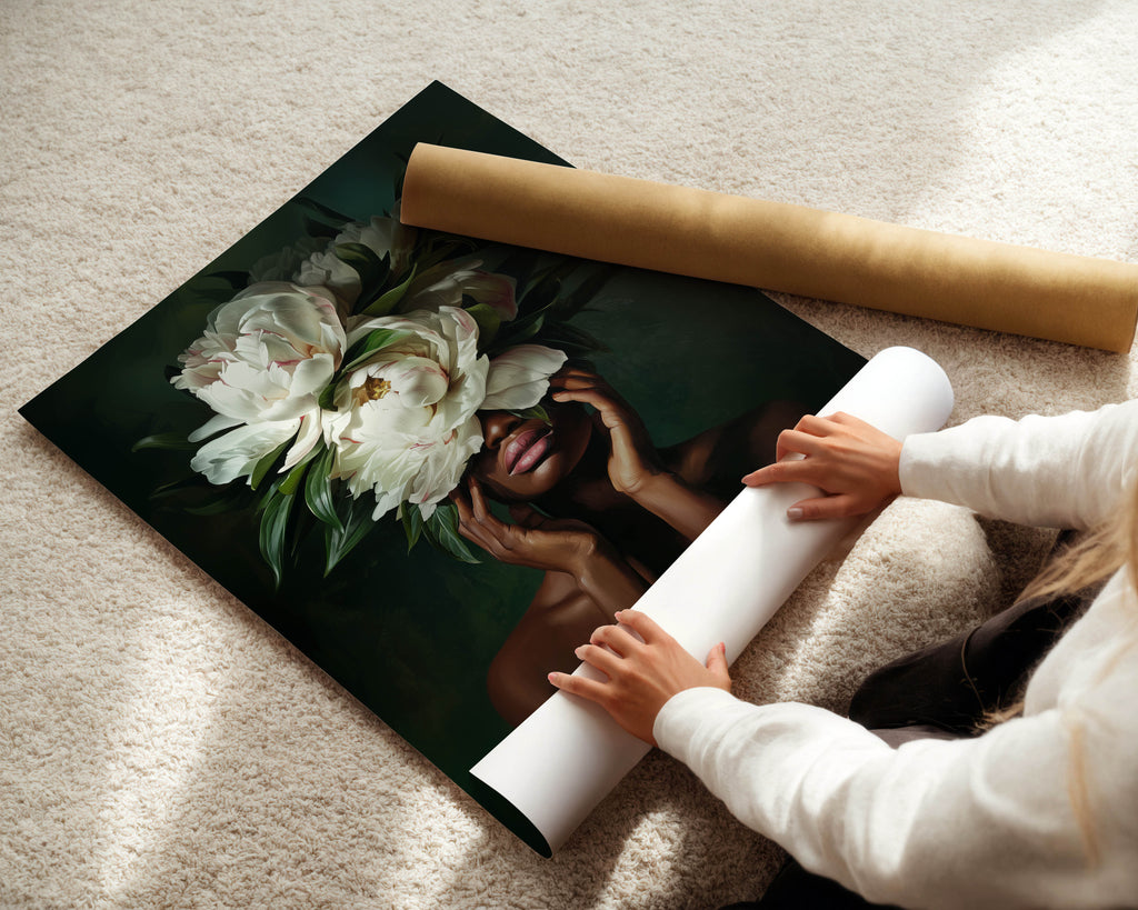 Peony Crown - Black Woman Art Print