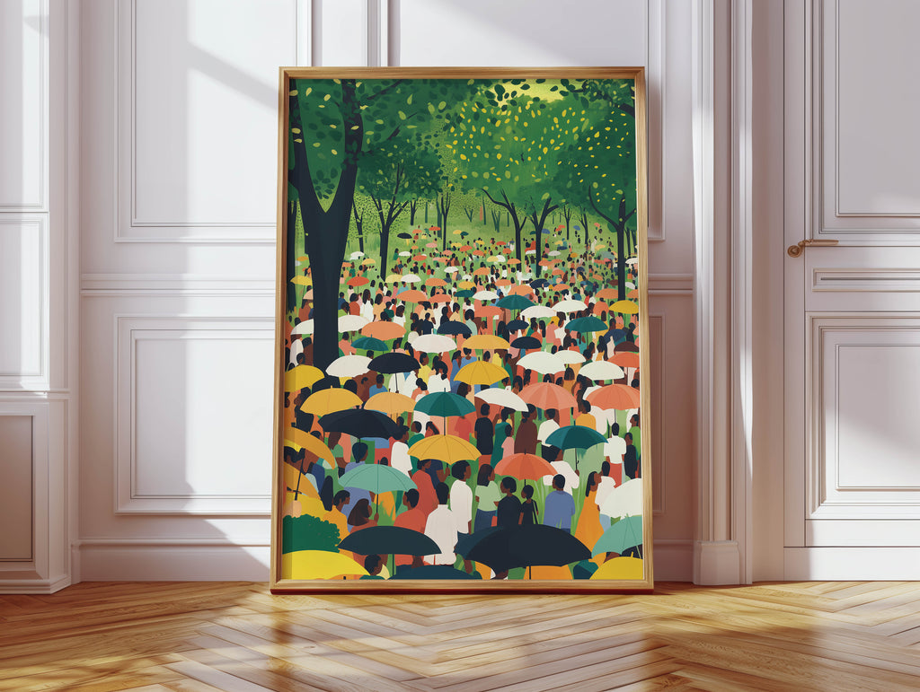 Park Umbrellas III - City Black Crowd Print