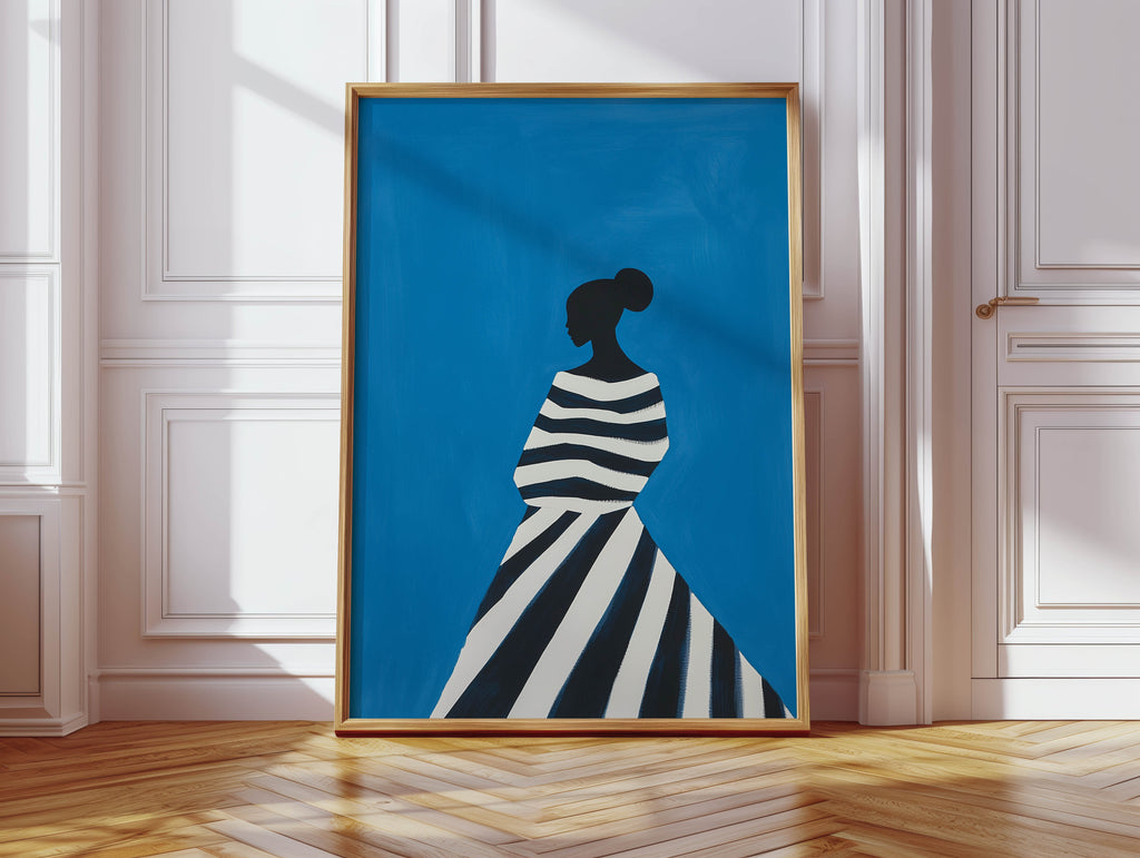 Stripes on Blue - Black Woman Art Print