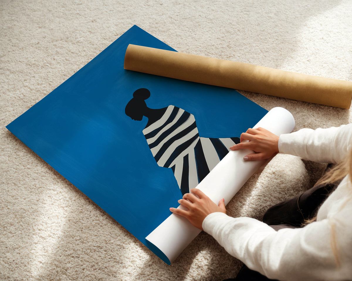 Stripes on Blue - Black Woman Art Print